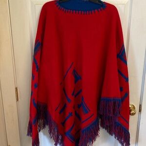 Handmade Poncho Vibrant Red and Deep Turquoise